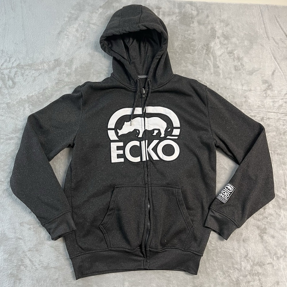 Ecko Unltd Full Zip Hoodie Mens Medium Black Gray Big Logo Rhino Embroidered Y2K